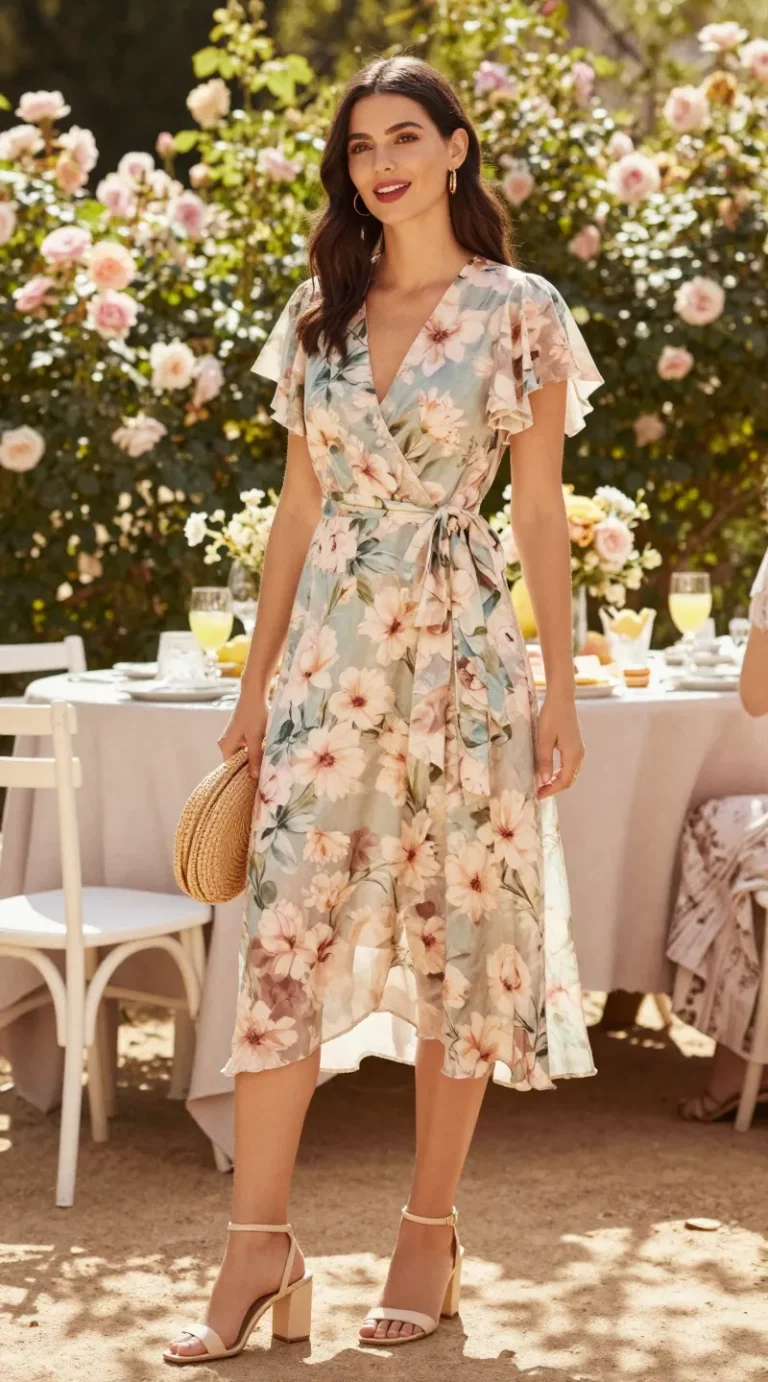 High‑resolution, editorial fashion photo of a woman at a sunlit garden party wearing a romantic floral wrap midi dress with a tie waist, the wrap cinched at the smallest part of her waist. The dress features soft, painterly blossoms in blush, sage, and cream on a muted background, flutter sleeves, and a midi hem that grazes mid-calf. She pairs it with cream block-heel sandals, carries a woven straw clutch, and wears delicate gold hoop earrings. Hair in soft waves or a sleek low pony. Scene set in a lush garden with blooming roses, dappled afternoon light, white bistro chairs, and a soft pastel tablescape with lemonade and macarons. Natural makeup with dewy skin and a rosy lip. Candid, confident pose—slight laugh, one hand adjusting the wrap tie. Shot on full-frame DSLR with a 50mm lens, shallow depth of field (bokeh on florals), warm golden tones, true-to-life colors, subtle film grain, editorial magazine quality.