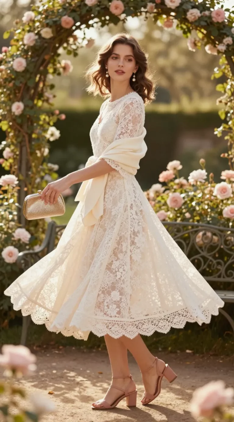 Realistic fashion photography of a romantic, whimsical tea-length lace dress twirling mid-motion at golden hour in a sunlit spring garden. Model wears an ivory tea-length lace dress with a fitted bodice, defined waist, and flared skirt that lifts as she spins, evoking classic film elegance without feeling costume-like. Styling: blush block-heel sandals visible beneath the hem, pearl drop earrings catching soft light, a delicate metallic clutch (gold or silver) in hand, and a lightweight cream wrap draped over her shoulders. Hair softly waved, natural rosy makeup with a subtle glow. Setting: blooming roses, climbing ivy, dappled sunlight, and a wrought-iron garden bench; pastel florals frame the scene. Camera: full-body, slightly low angle to emphasize movement and swirl; shallow depth of field with creamy bokeh. Color palette: ivory, blush, cream, and soft gold. Lighting: warm, diffused, golden-hour backlight with gentle rim light on lace details. Ultra-detailed lace texture, crisp fabric movement, editorial-quality, 50mm lens, high-resolution, realistic.