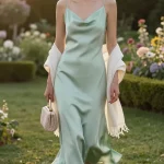 Golden-hour garden wedding scene featuring a minimalist, elegant guest in a mint green satin midi slip dress with a subtle cowl neckline; the satin has a soft sheen that catches the warm sunset light as she stands on a manicured lawn. She wears strappy metallic gold petal-detail heels that glint in the light, a delicate thin gold chain bracelet, and refined pearl drop earrings. She holds a small beaded clutch in cream/champagne and has a light ivory shawl loosely draped over her forearms. Styling is polished and unfussy: soft, natural makeup with dewy skin, a sleek low bun, and a muted nude manicure. Background shows a lush garden venue with blooming florals, trimmed hedges, and bokeh string lights. Photo is high-resolution, editorial fashion photography with shallow depth of field, warm sun flare, soft shadows, and true-to-life color; full-body, three-quarter angle; natural fabric movement in the breeze; cinematic, sophisticated, quietly luxurious atmosphere.