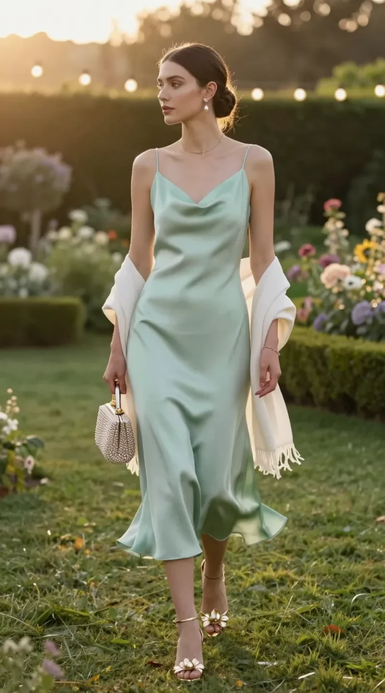 Golden-hour garden wedding scene featuring a minimalist, elegant guest in a mint green satin midi slip dress with a subtle cowl neckline; the satin has a soft sheen that catches the warm sunset light as she stands on a manicured lawn. She wears strappy metallic gold petal-detail heels that glint in the light, a delicate thin gold chain bracelet, and refined pearl drop earrings. She holds a small beaded clutch in cream/champagne and has a light ivory shawl loosely draped over her forearms. Styling is polished and unfussy: soft, natural makeup with dewy skin, a sleek low bun, and a muted nude manicure. Background shows a lush garden venue with blooming florals, trimmed hedges, and bokeh string lights. Photo is high-resolution, editorial fashion photography with shallow depth of field, warm sun flare, soft shadows, and true-to-life color; full-body, three-quarter angle; natural fabric movement in the breeze; cinematic, sophisticated, quietly luxurious atmosphere.