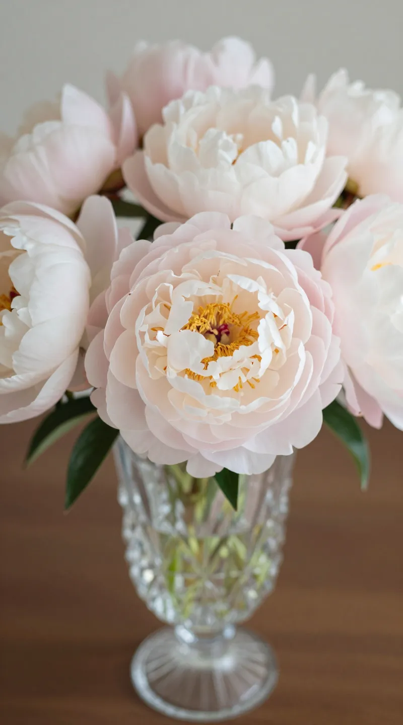 **Closeup of blush peonies in a crystal vase**