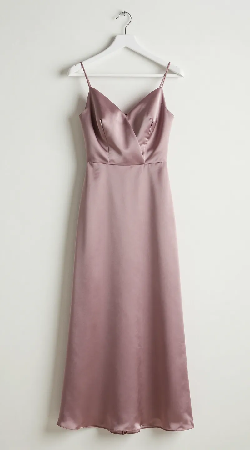 **Single mauve silk bridesmaid dress on a hanger**
