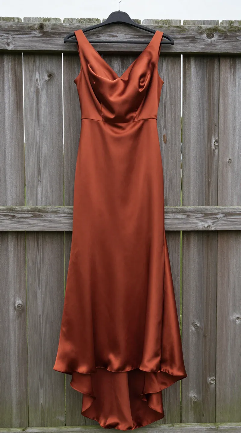 **Single rust-colored silk bridal gown draped over wooden fence**