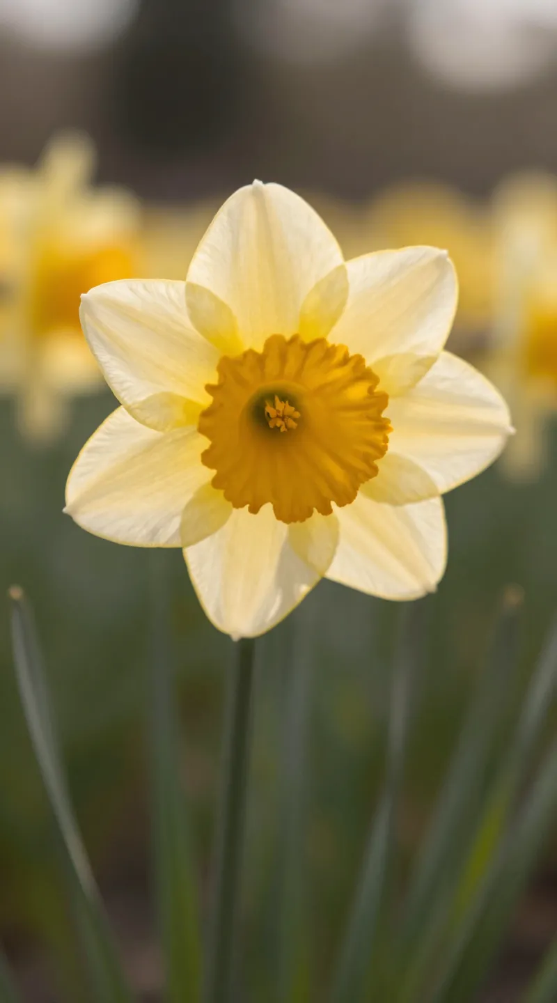 **Single daffodil in golden hour sunlight**