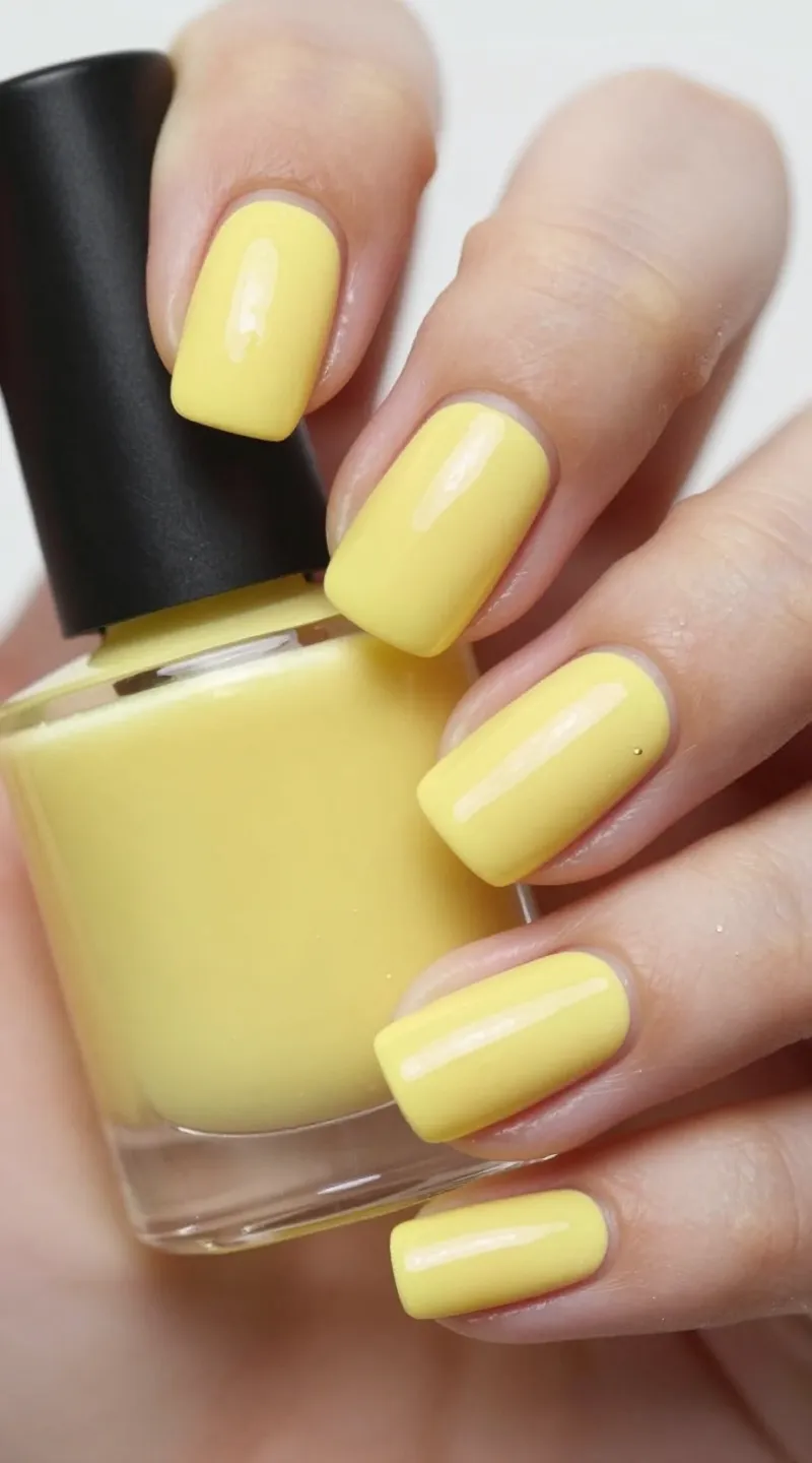 **Detail shot of lemon-meringue yellow nail polish on manicured hands**
