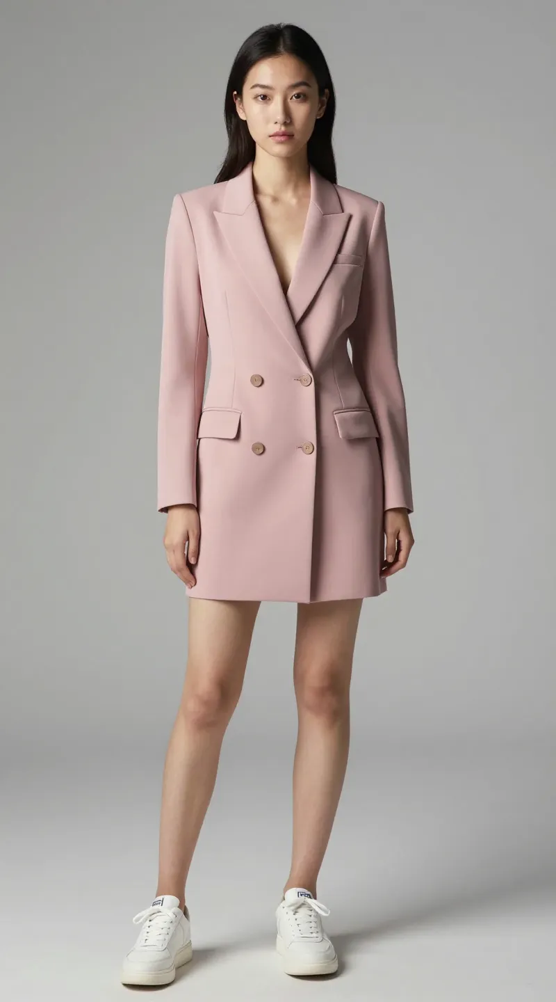 **Single dusty rose tailored blazer dress with sneakers**