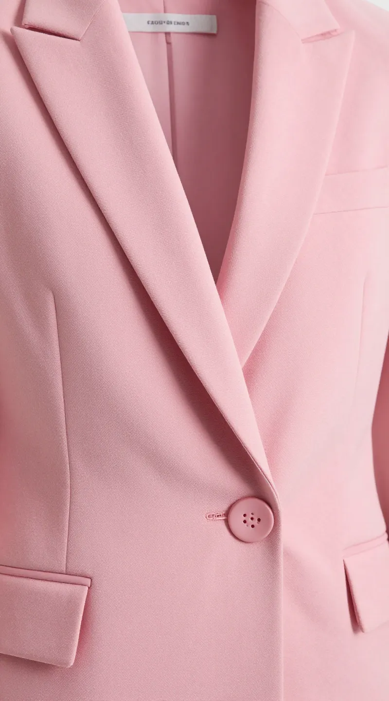 **Closeup of a sharp-shouldered pink power suit jacket**