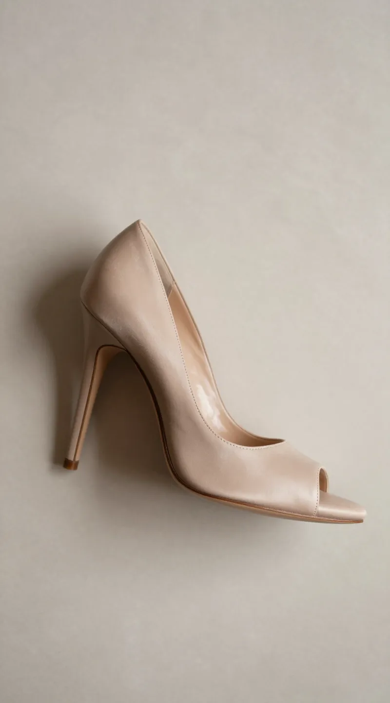 **Single nude-toned stiletto on marble floor**