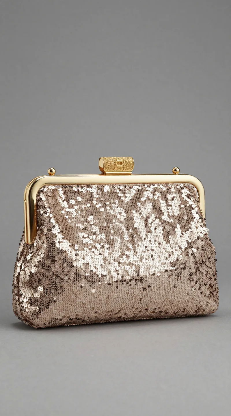 **Champagne sequin clutch with gold hardware**