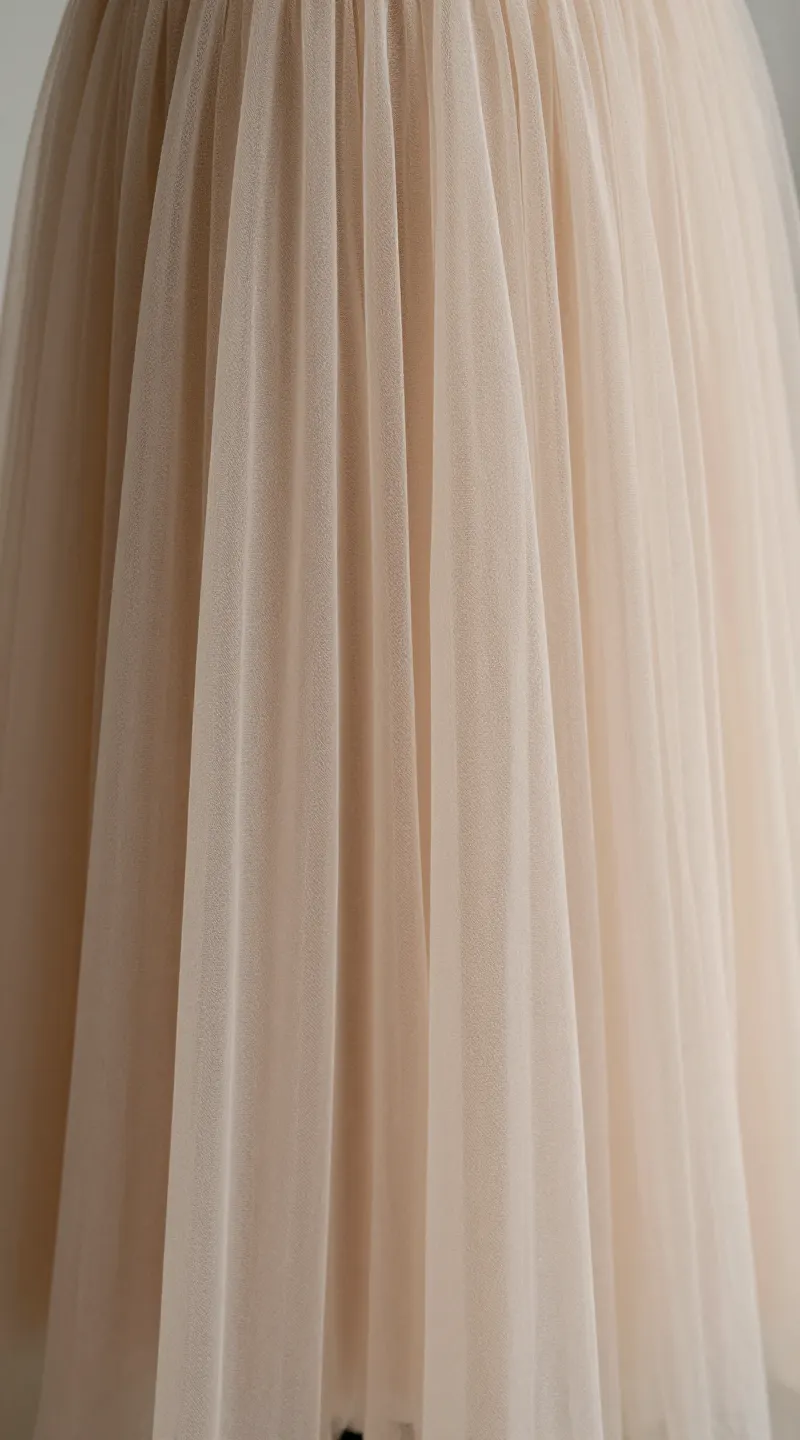 **Closeup of layered champagne and beige tulle skirt**