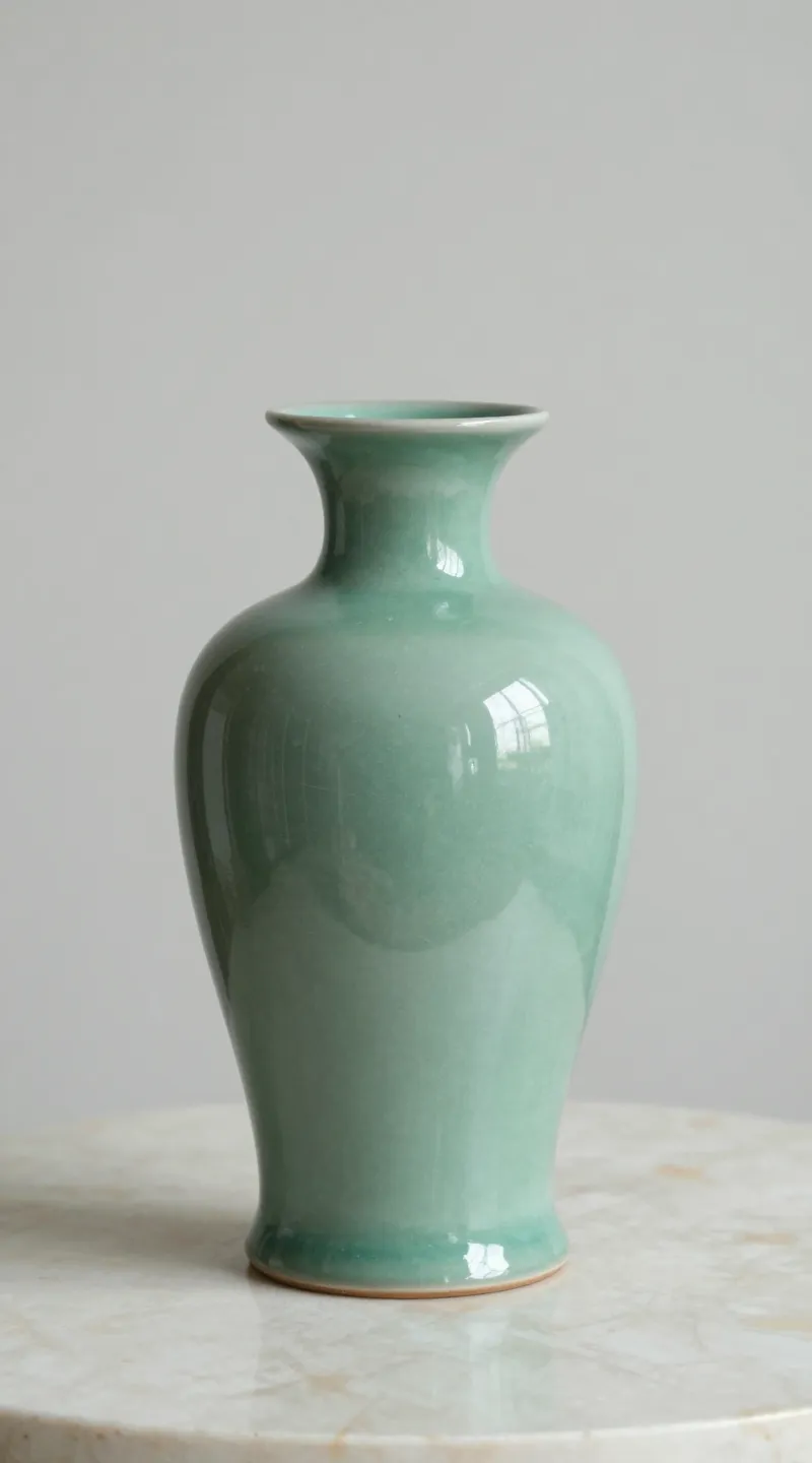 **Single sage green ceramic vase on marble table**
