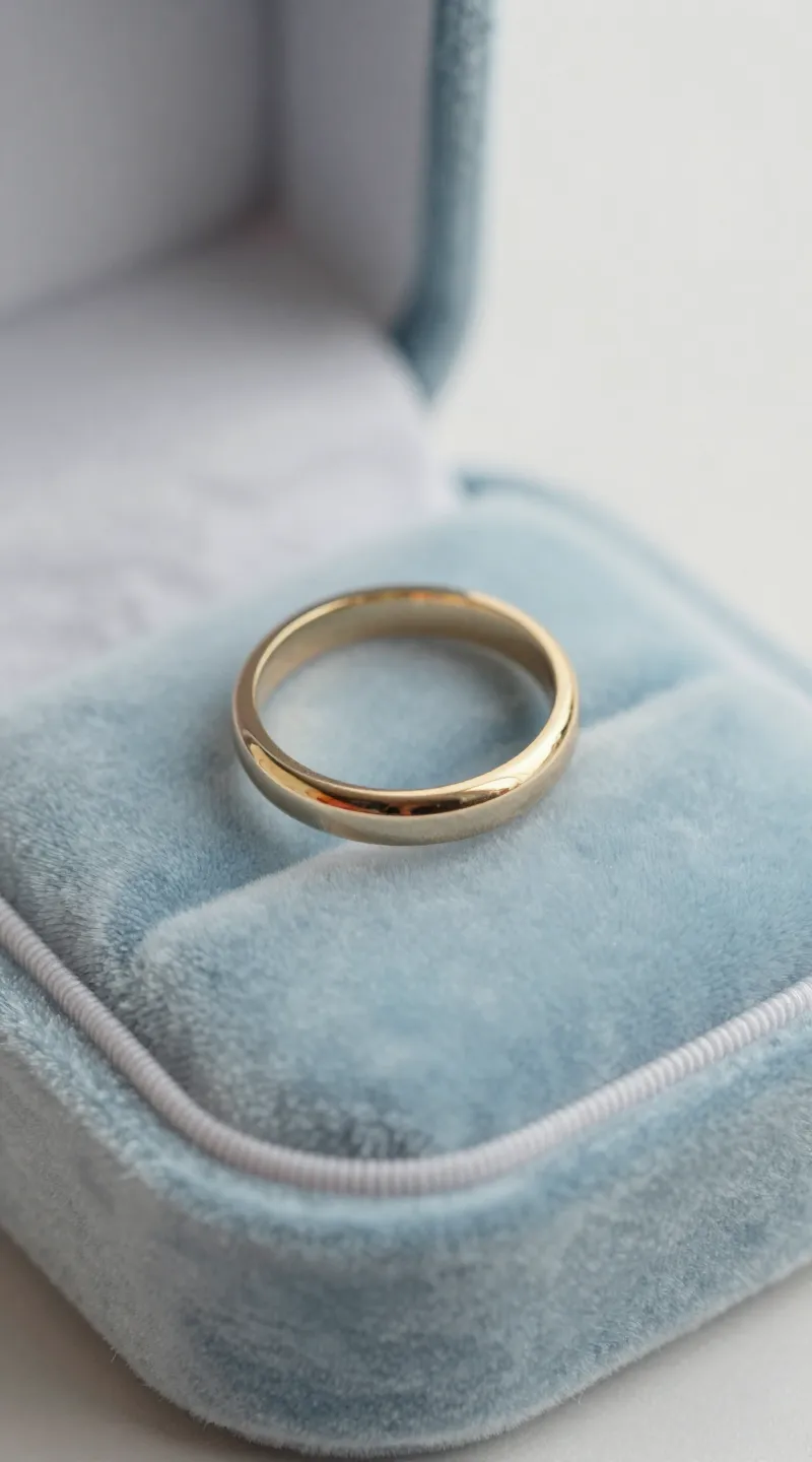 **single champagne gold wedding ring on velvet pastel blue**