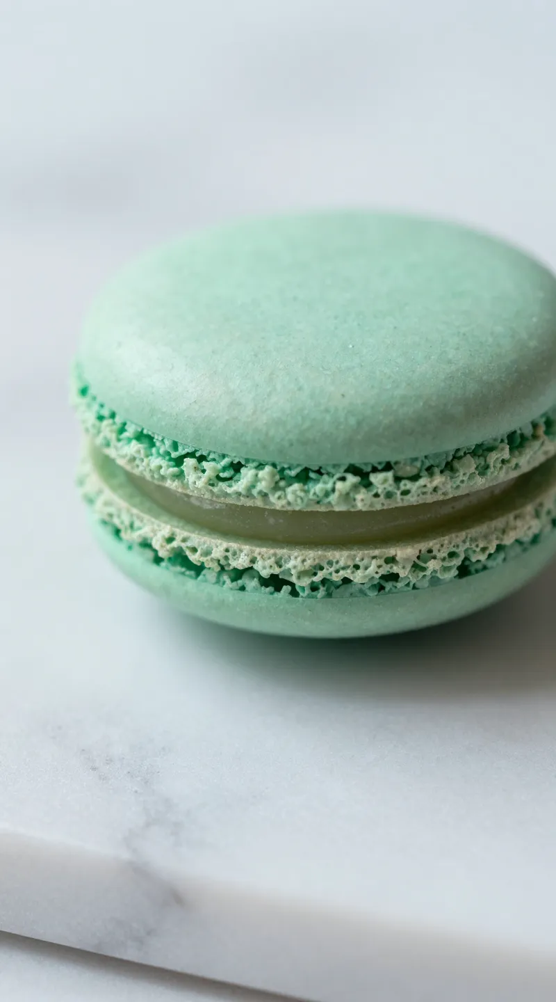 **macro shot of mint green macaron on marble surface**