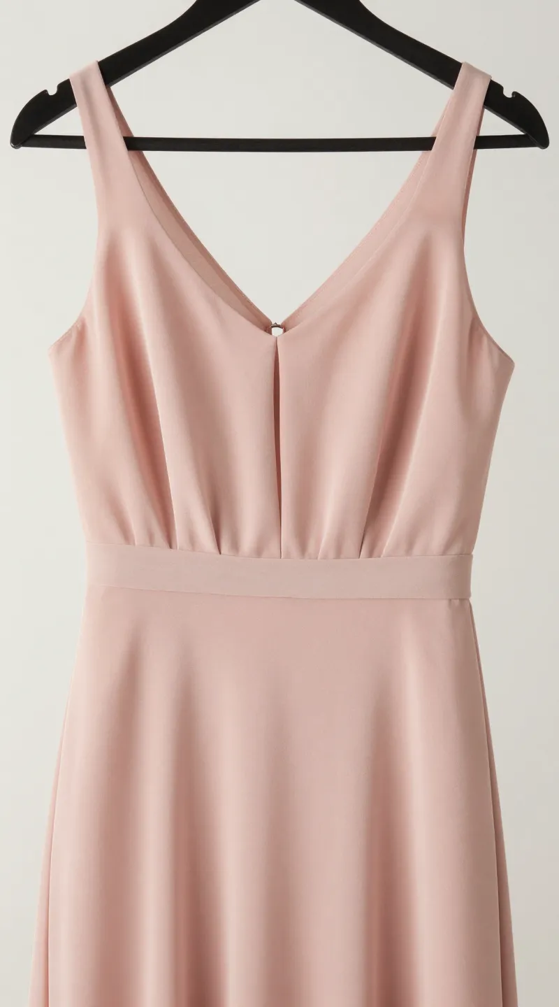 **Closeup of blush pink chiffon dress draped on hanger**
