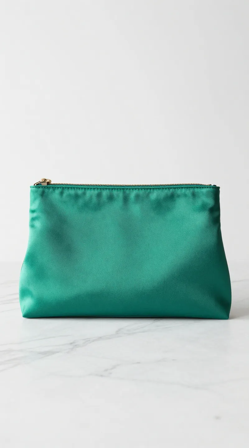 **Single mint green silk clutch on marble surface**