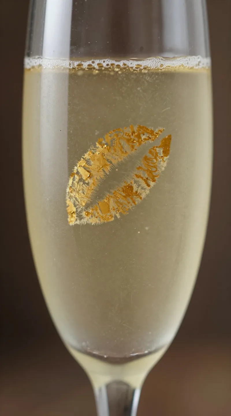 **Closeup of a champagne flute with gold lipstick mark**