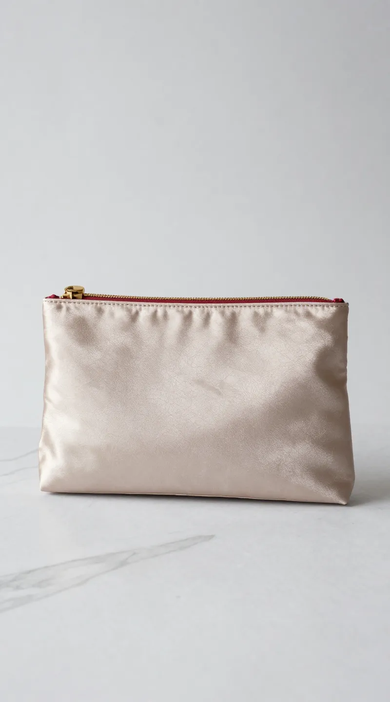 **Single silk-trimmed clutch purse on marble surface**