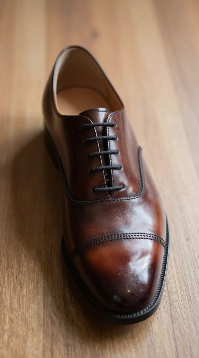**Closeup of a polished oxford shoe on wooden floor**  

*(Each prompt is singular, detailed, and aligned with wedding guest styling/accessories from the article.)*