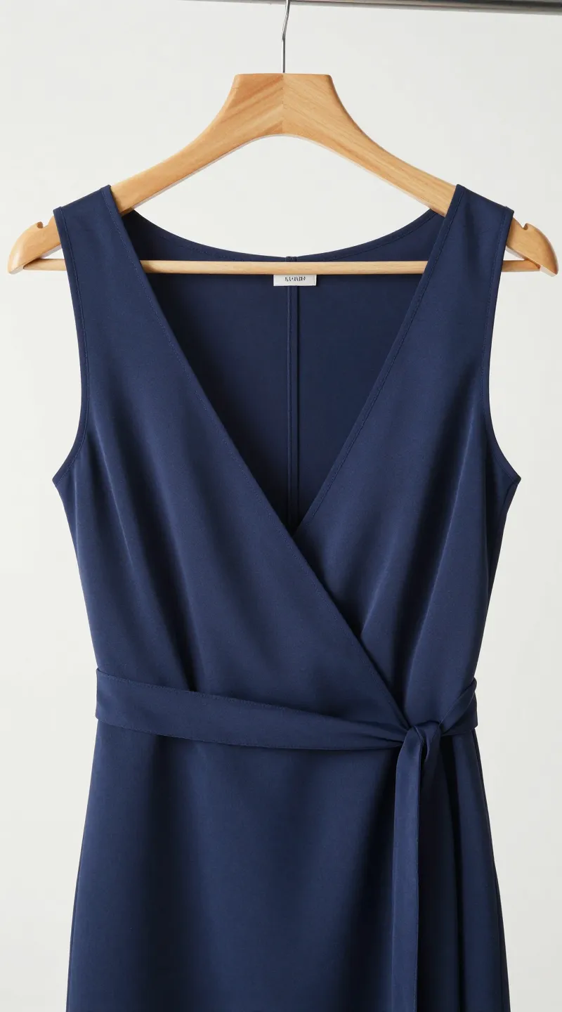 **Closeup of a navy silk wrap dress on a hanger**