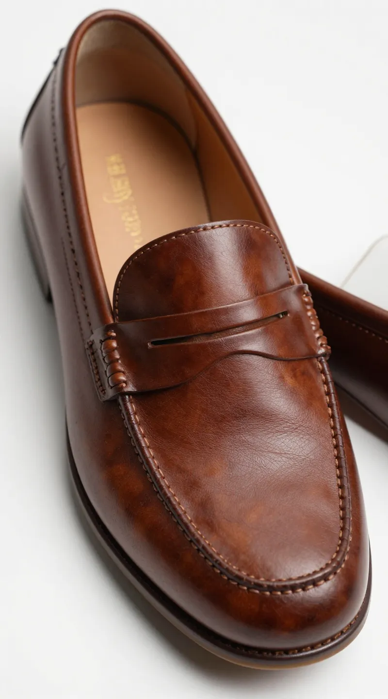 **Detailed shot of hemp-blend loafers with polished finish**