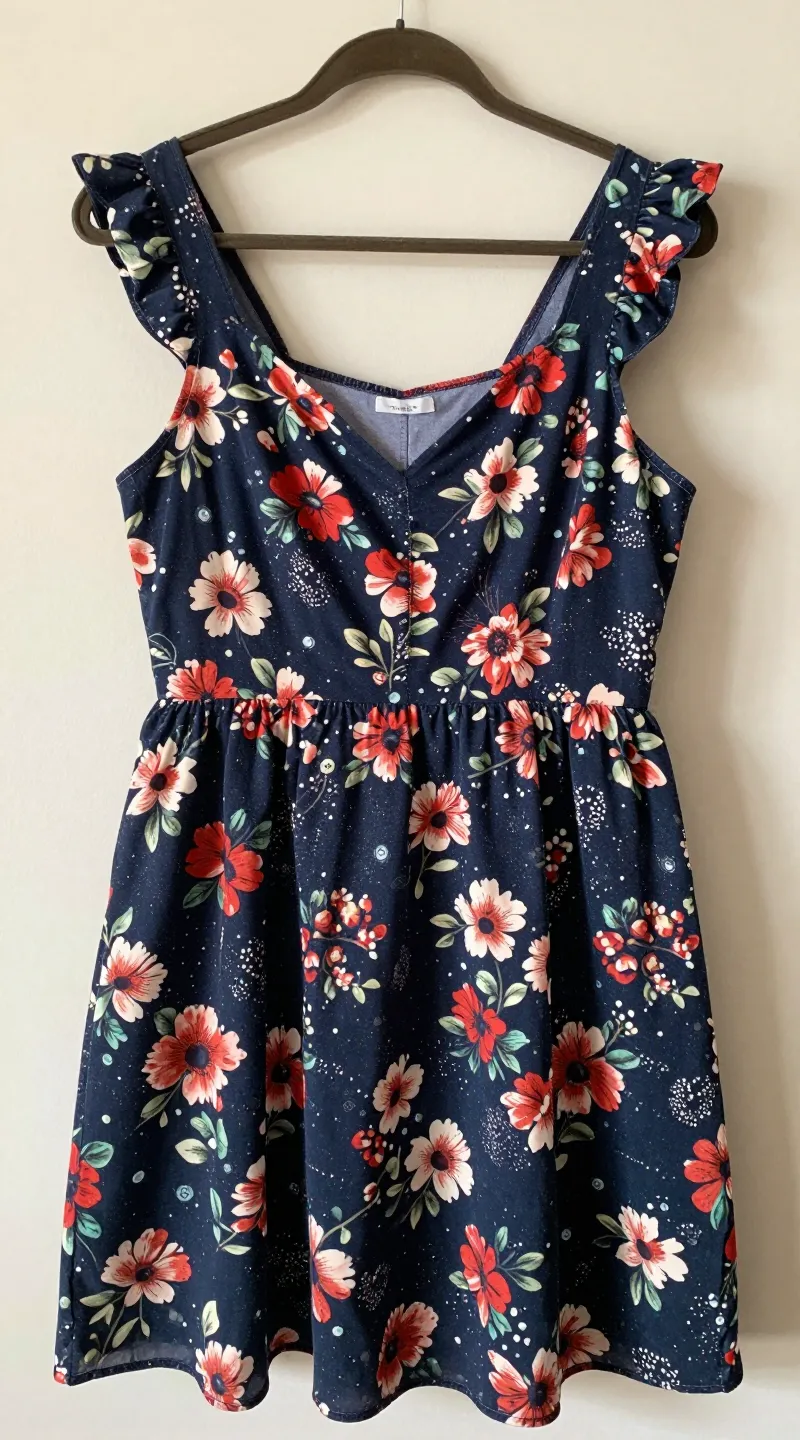 **Closeup of a plus-size floral A-line dress on a hanger**