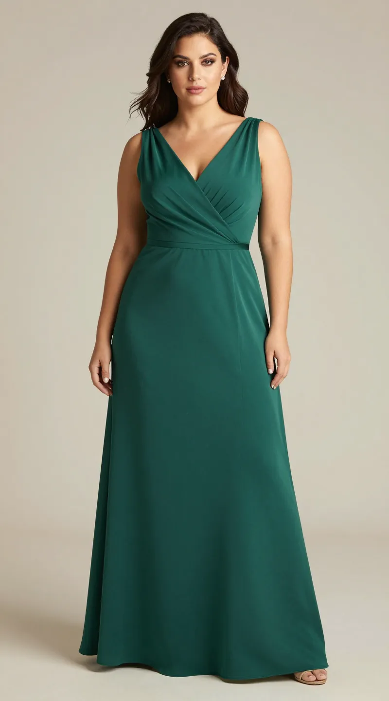 **Single model in a fitted plus-size emerald green wedding guest dress**