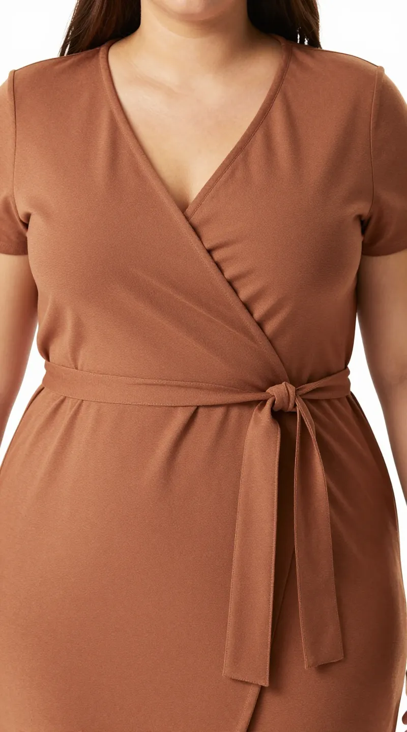 **Closeup of a plus-size wrap dress with a defined waist tie**  

Each prompt focuses on a single subject with clear, flattering details mentioned in the article.