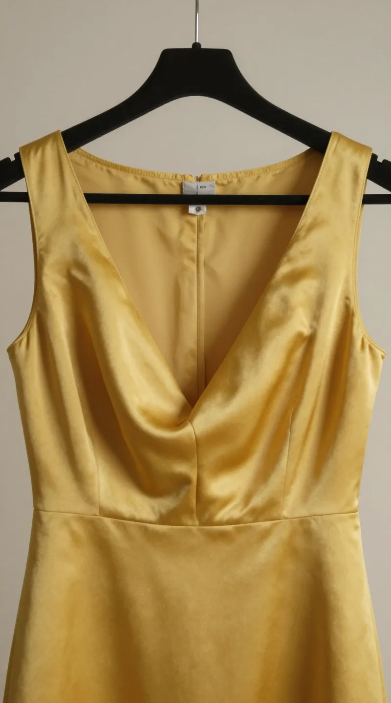 **Closeup of mustard yellow satin dress on hanger**