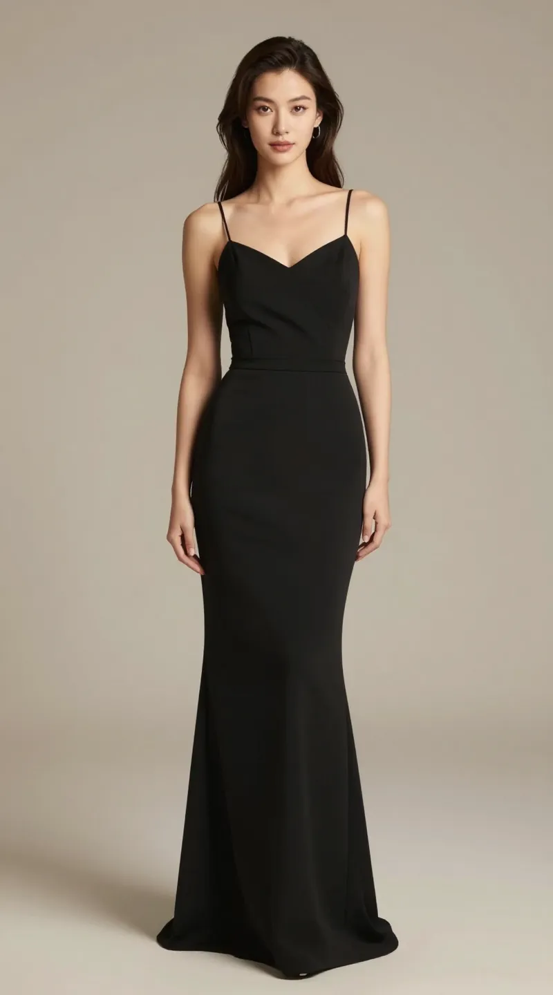 **Single shot of a convertible-strap black evening dress**