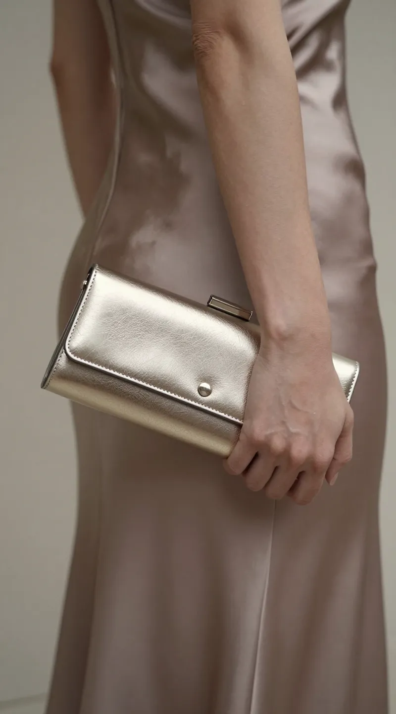 **Focused shot of a metallic clutch paired with a silk midi dress**