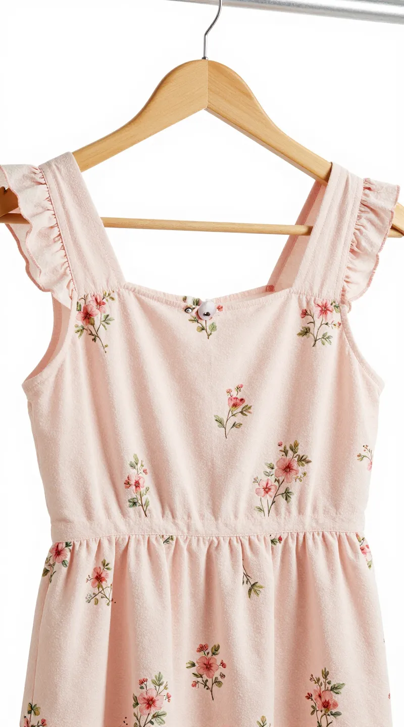 **Closeup of pastel pink floral dress on hanger**
