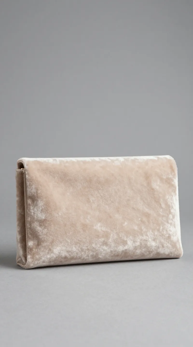 **Single champagne-colored clutch on velvet surface**