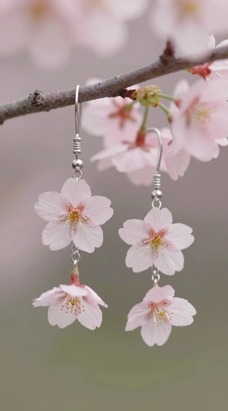 **Detailed shot of dangling cherry blossom earrings**