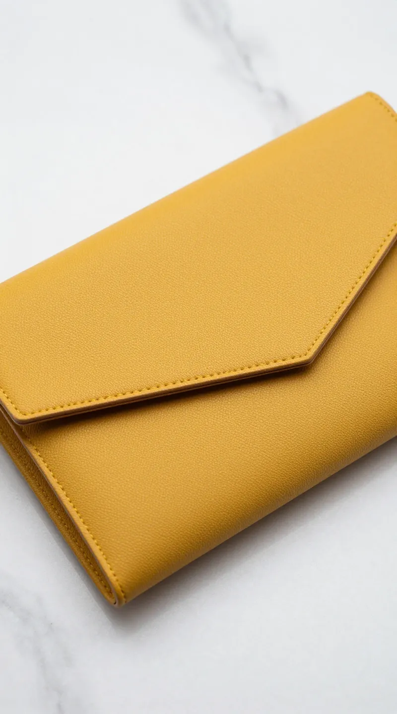 **Closeup of a mustard yellow clutch on marble surface**