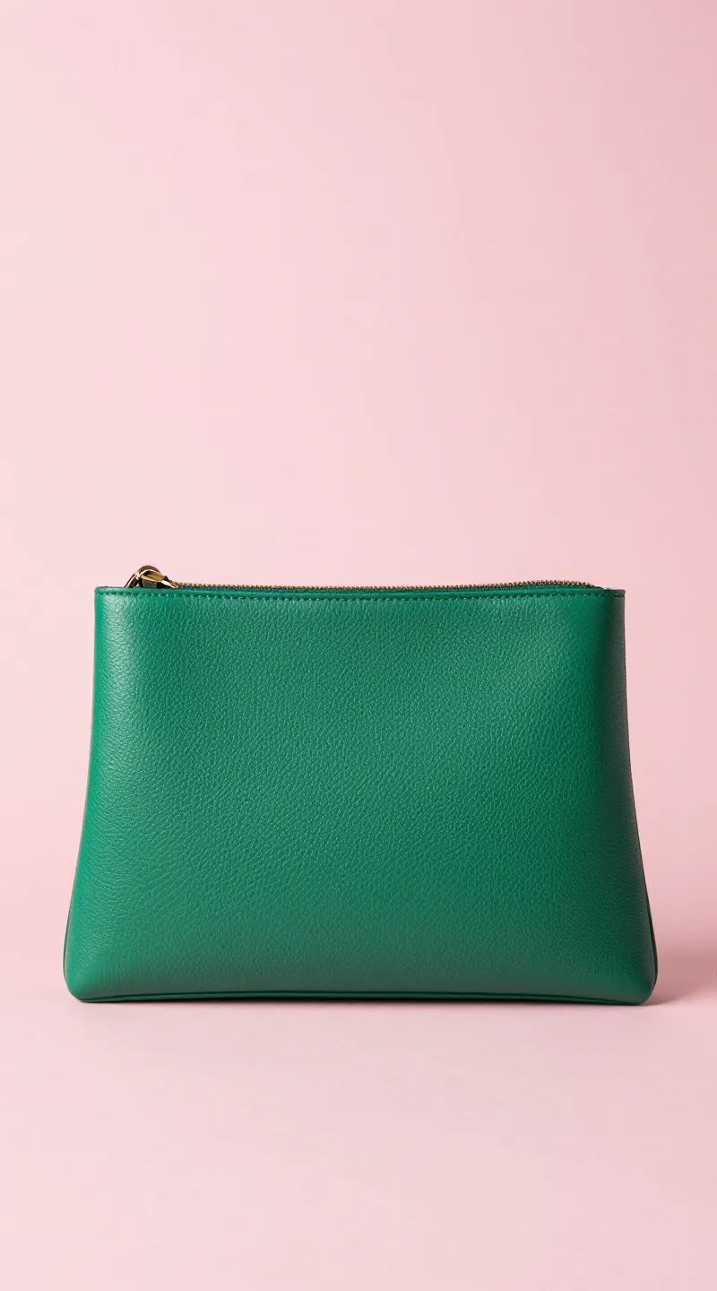 **Single emerald green clutch against soft pink backdrop**