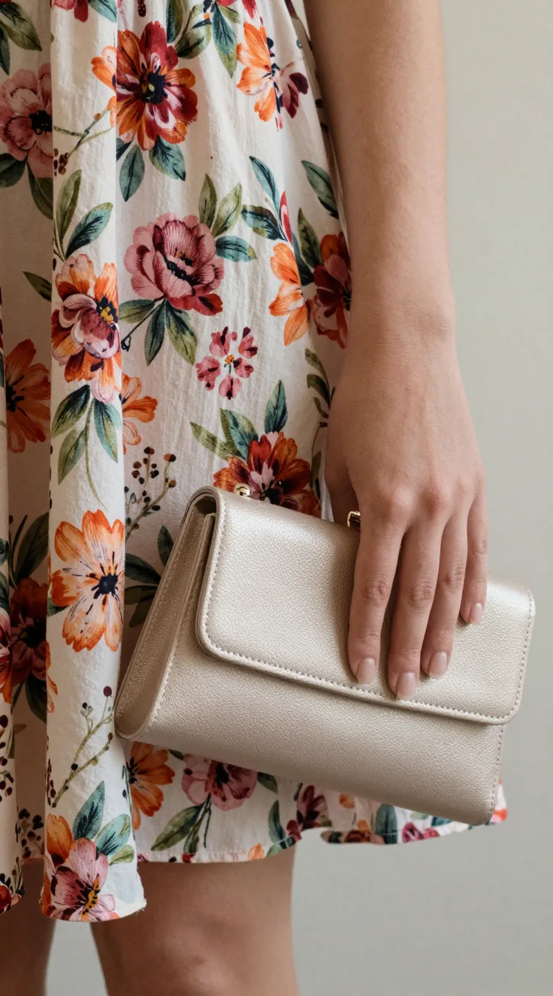 **Detailed shot of a floral dress’s hem with clutch tucked under**