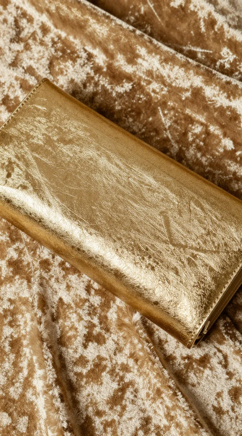 **Closeup of a metallic gold clutch on velvet fabric**