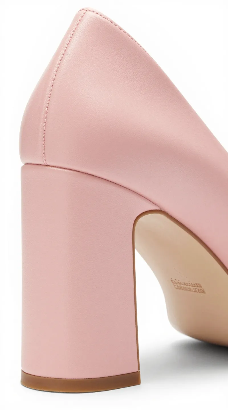 **Closeup of pastel pink block heel with rubber sole**
