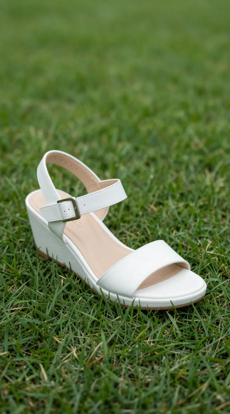 **Single white wedge sandal on fresh green grass**