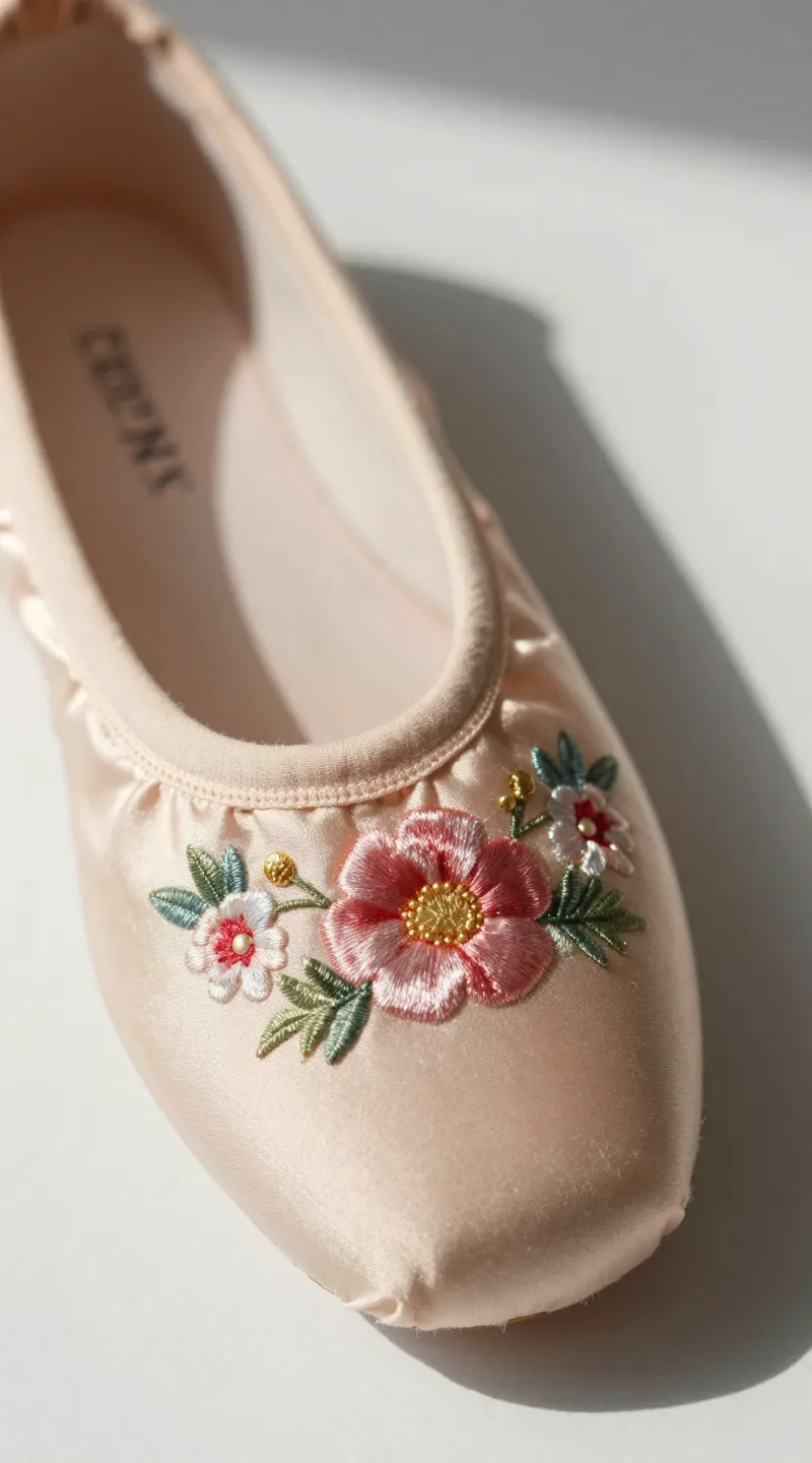 **Detailed shot of floral-embroidered ballet flat in sunlight**