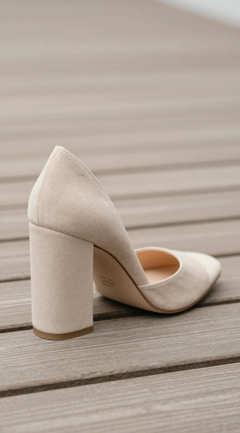 **Chunky beige heel with textured grip on wooden deck**