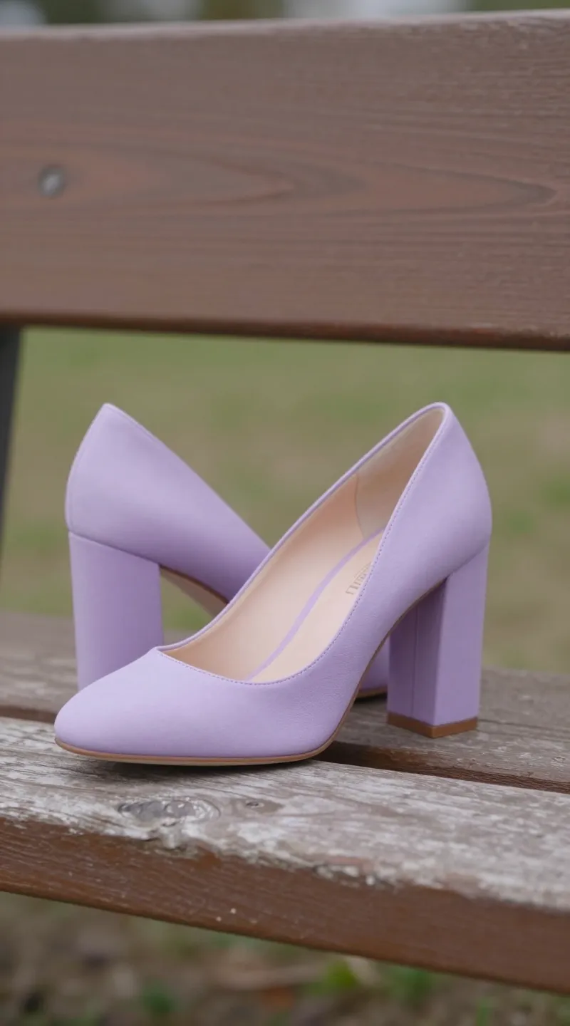 **Single lavender block heel shoe on wooden bench**
