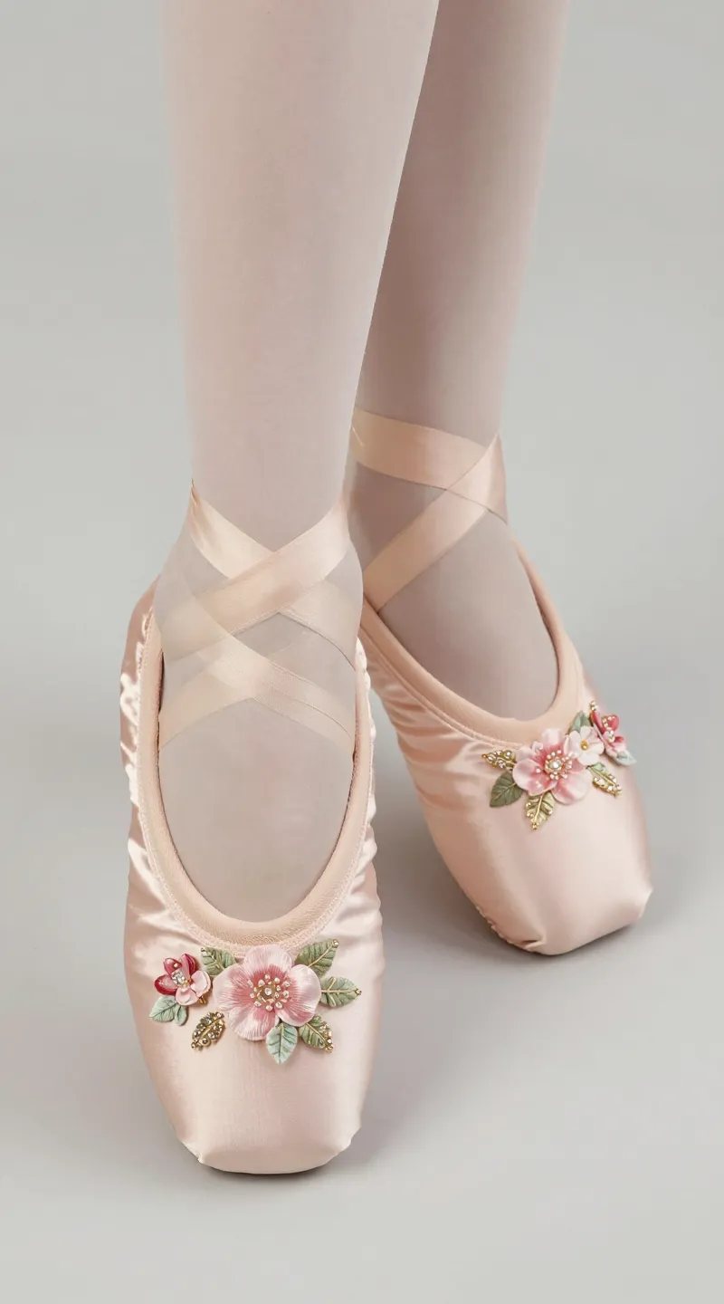 **Floral-embellished ballet flat on pastel pink fabric**