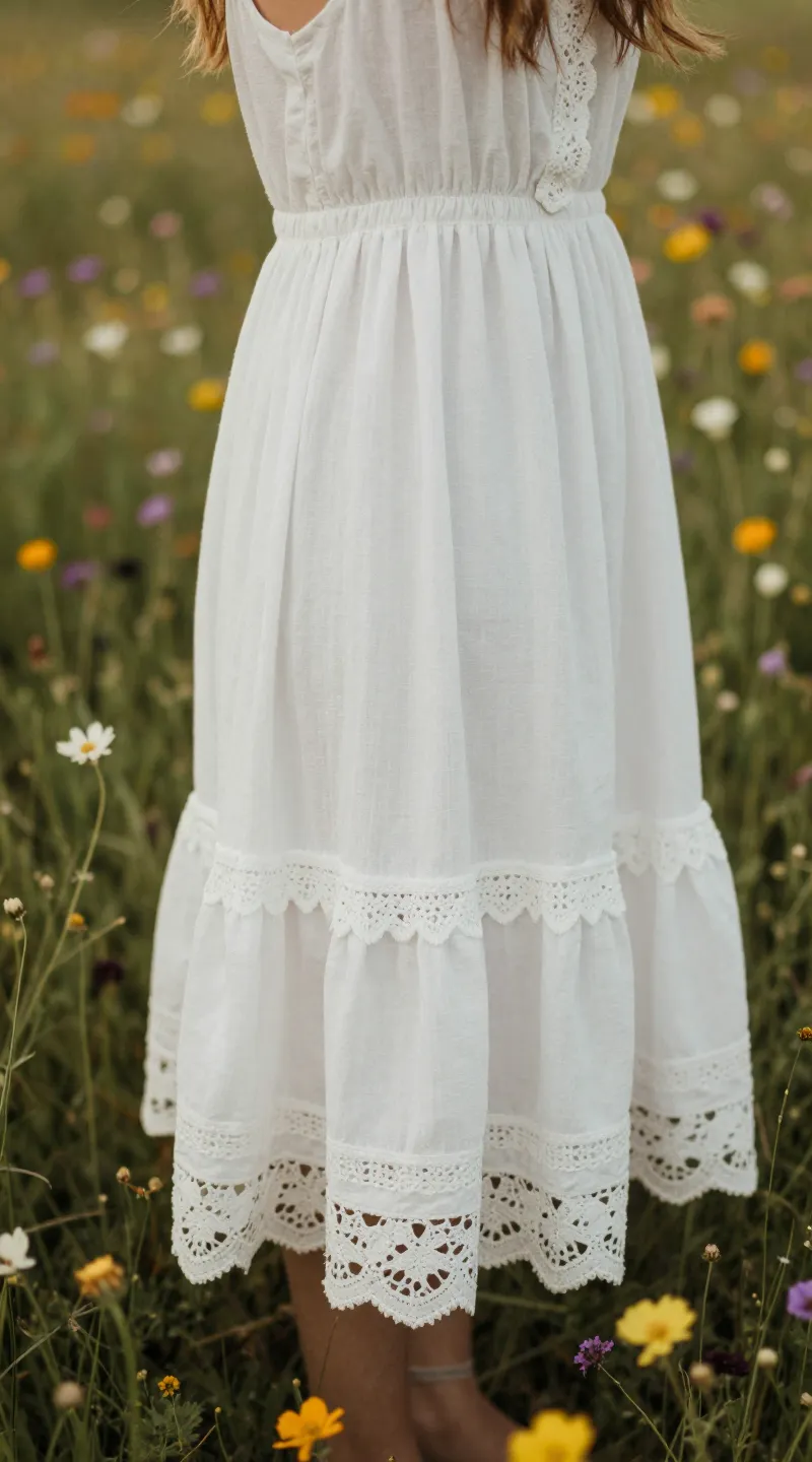 **Closeup of a lace-trimmed boho dress in wildflower field**