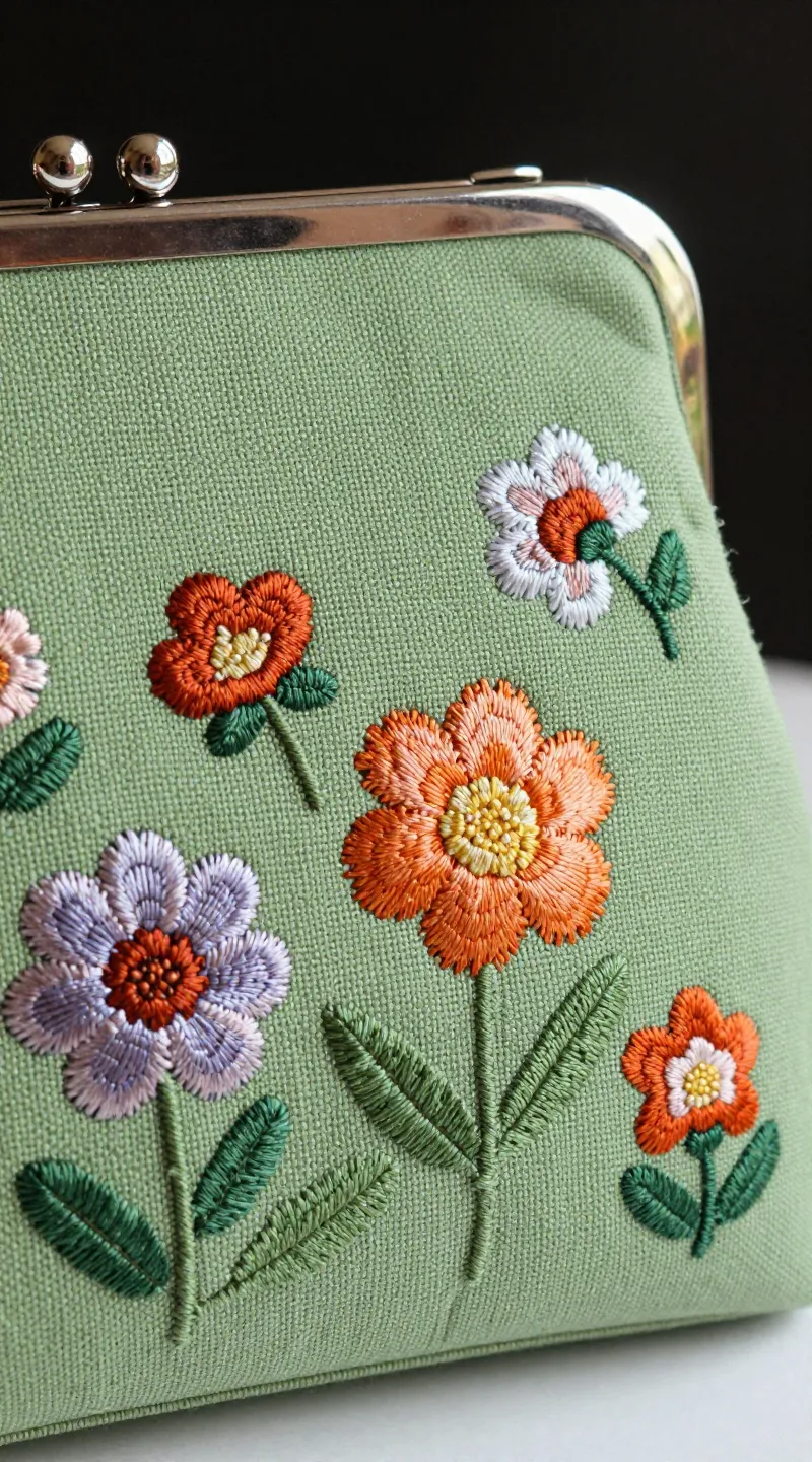 **Detailed shot of embroidered floral clutch in soft grass**