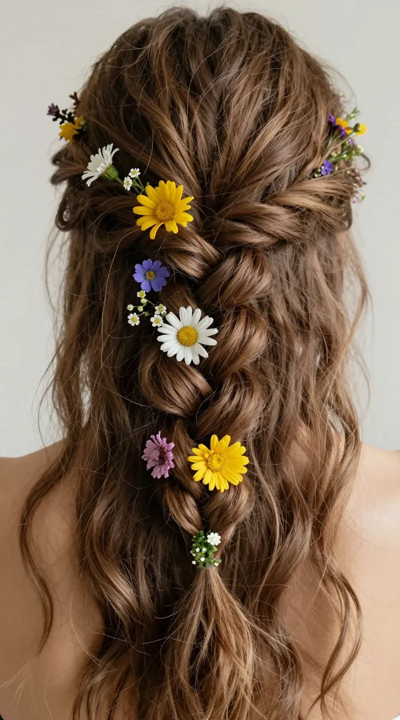 **Closeup of a loosely braided hairstyle with wildflower accents**