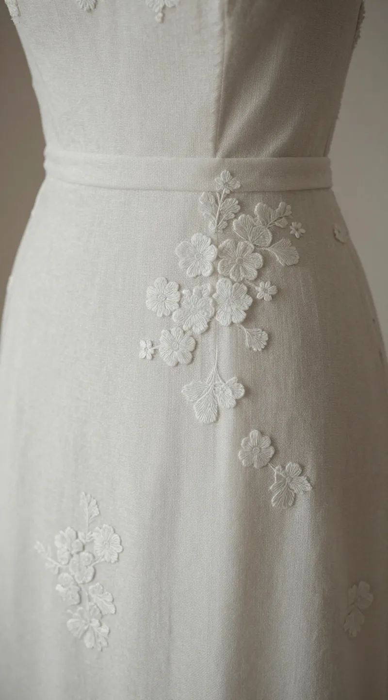 **Closeup of a linen bridal dress with delicate floral embroidery**