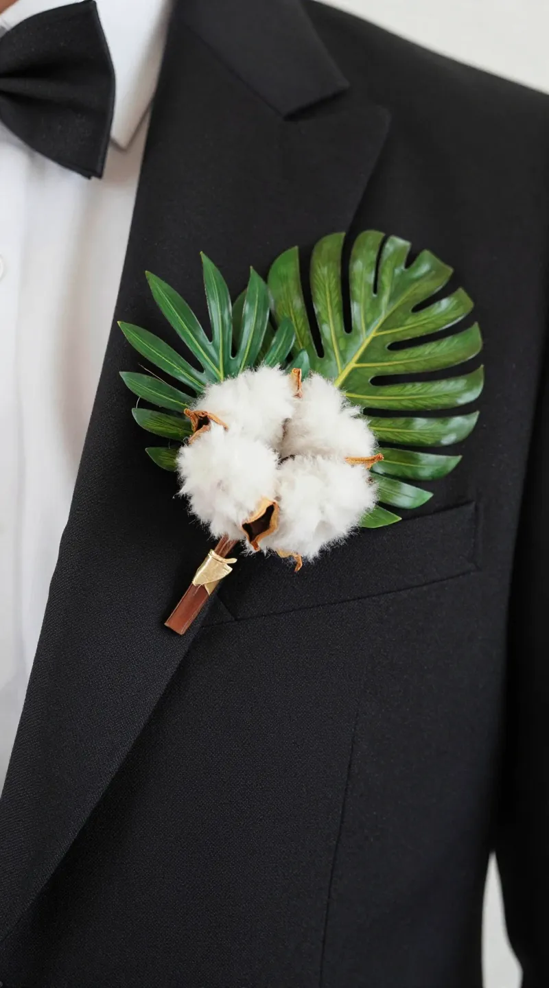**Detailed shot of a cotton suit lapel with a tropical boutonniere**