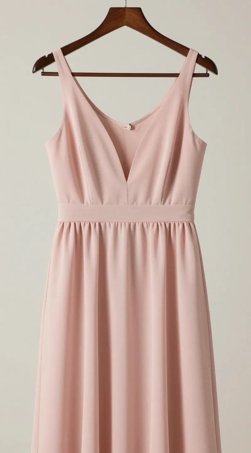 **Closeup of blush pink chiffon maxi dress on hanger**