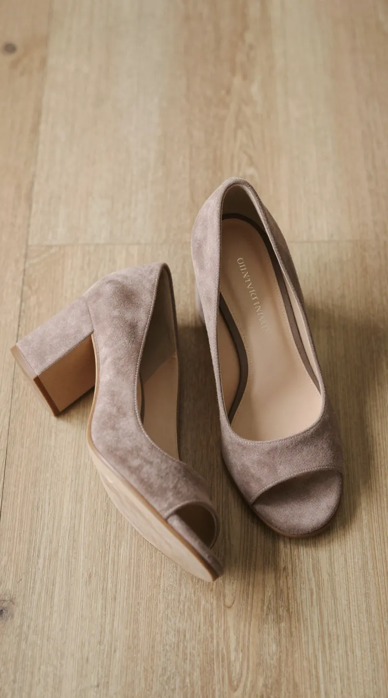 **Single pair of taupe suede block heels on wooden floor**